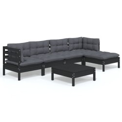 6-tlg. Garten-Lounge-Set mit Kissen Schwarz Kiefernholz