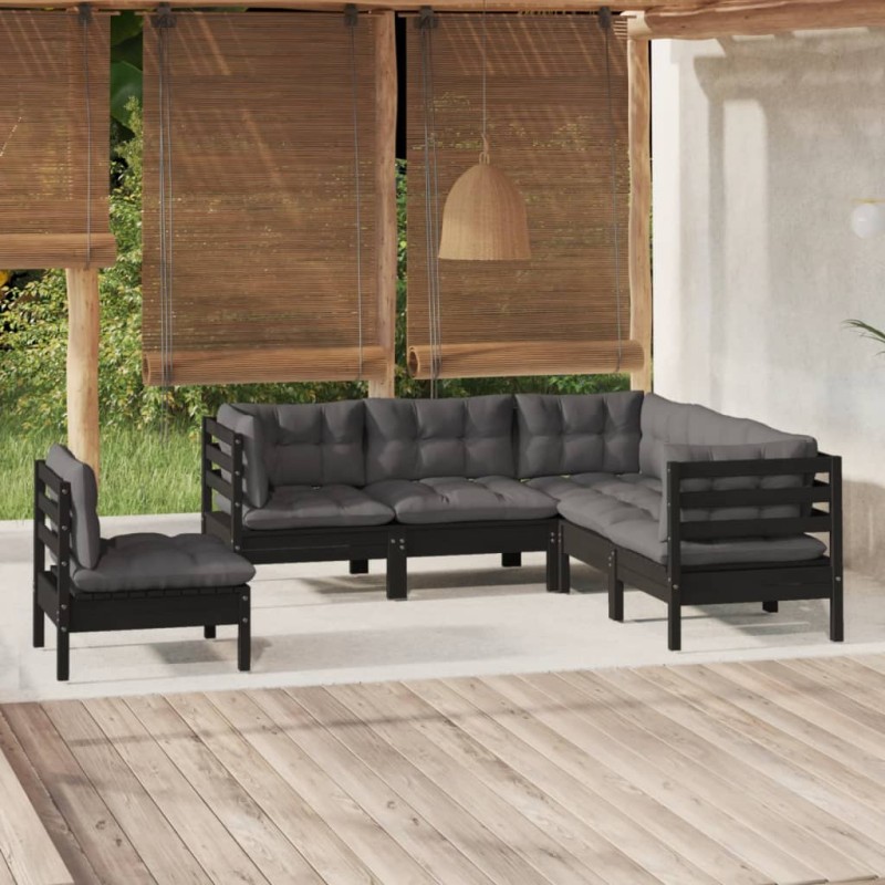 5-tlg. Garten-Lounge-Set mit Kissen Schwarz Kiefernholz