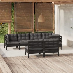 7-tlg. Garten-Lounge-Set mit Kissen Schwarz Kiefer Massivholz