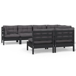 7-tlg. Garten-Lounge-Set mit Kissen Schwarz Kiefer Massivholz