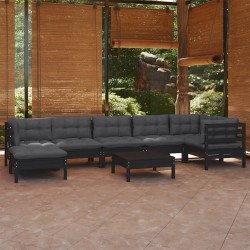 8-tlg. Garten-Lounge-Set mit Kissen Schwarz Kiefer Massivholz