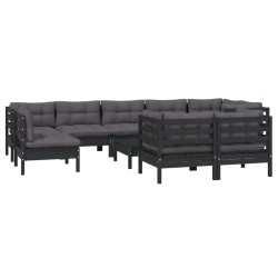 10-tlg. Garten-Lounge-Set mit Kissen Schwarz Massivholz Kiefer