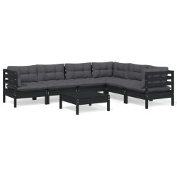 7-tlg. Garten-Lounge-Set mit Kissen Schwarz Massivholz Kiefer