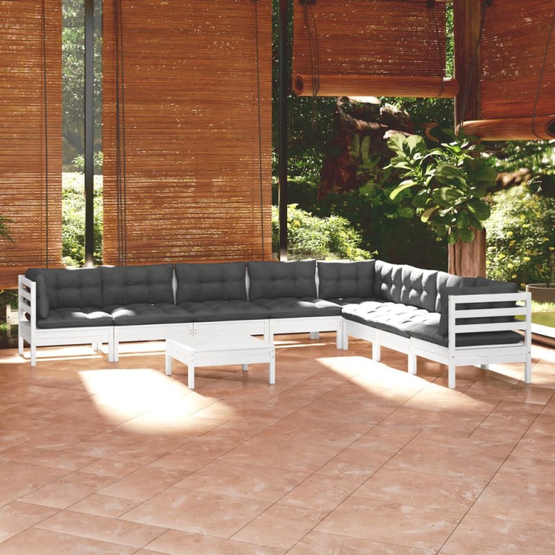 9-tlg. Garten-Lounge-Set mit Kissen Weiß Kiefer Massivholz