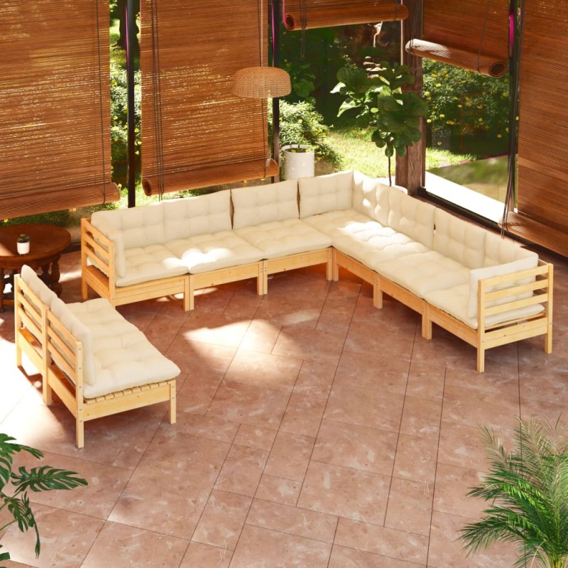 9-tlg. Garten-Lounge-Set mit Creme Kissen Massivholz Kiefer