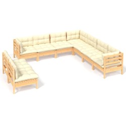 9-tlg. Garten-Lounge-Set mit Creme Kissen Massivholz Kiefer