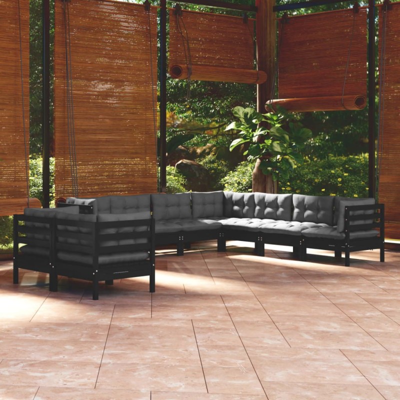 9-tlg. Garten-Lounge-Set mit Kissen Schwarz Massivholz Kiefer