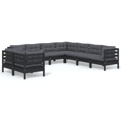 9-tlg. Garten-Lounge-Set mit Kissen Schwarz Massivholz Kiefer