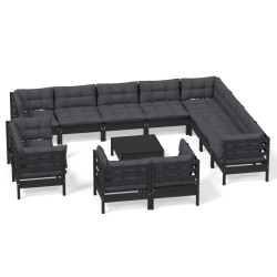 13-tlg. Garten-Lounge-Set mit Kissen Schwarz Massivholz Kiefer