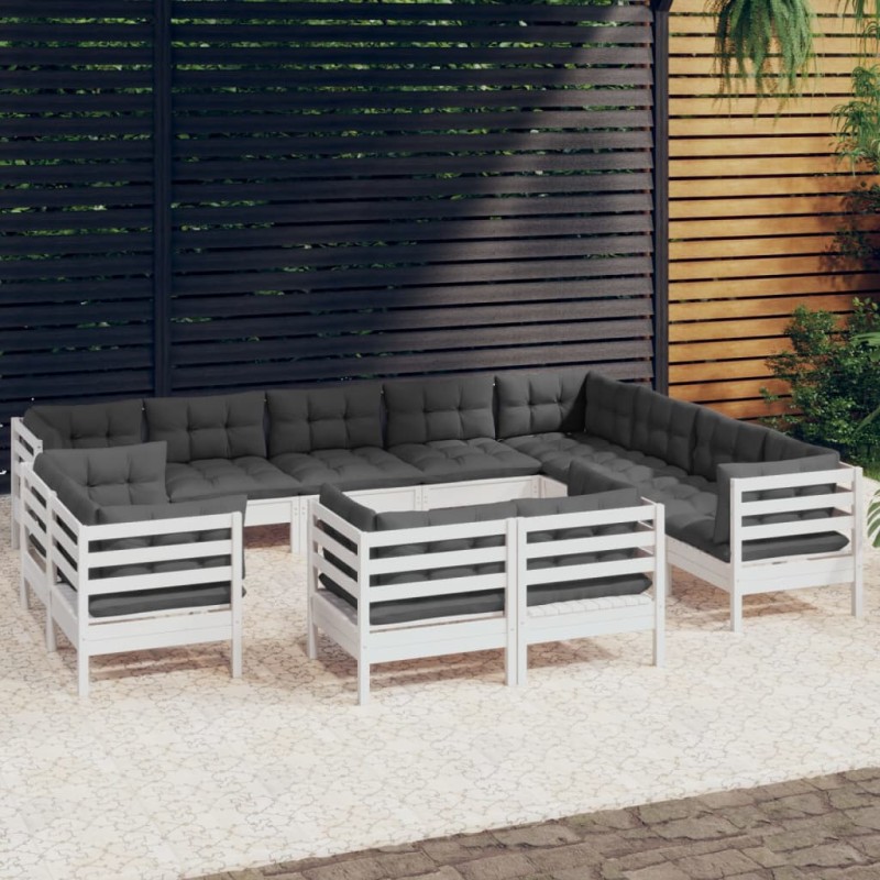 12-tlg. Garten-Lounge-Set mit Kissen Weiß Massivholz Kiefer