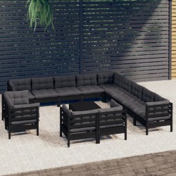 14-tlg. Garten-Lounge-Set mit Kissen Schwarz Massivholz Kiefer