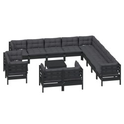 14-tlg. Garten-Lounge-Set mit Kissen Schwarz Massivholz Kiefer