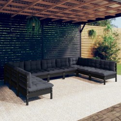 9-tlg. Garten-Lounge-Set mit Kissen Schwarz Massivholz Kiefer