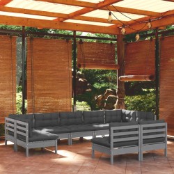 9-tlg. Garten-Lounge-Set mit Kissen Grau Kiefer Massivholz