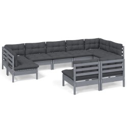 9-tlg. Garten-Lounge-Set mit Kissen Grau Kiefer Massivholz