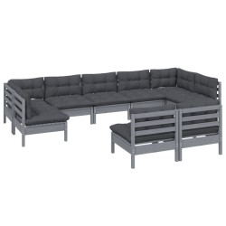 9-tlg. Garten-Lounge-Set mit Kissen Grau Kiefer Massivholz