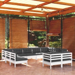 11-tlg. Garten-Lounge-Set mit Kissen Weiß Kiefer Massivholz