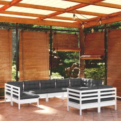 9-tlg. Garten-Lounge-Set mit Kissen Weiß Kiefer Massivholz