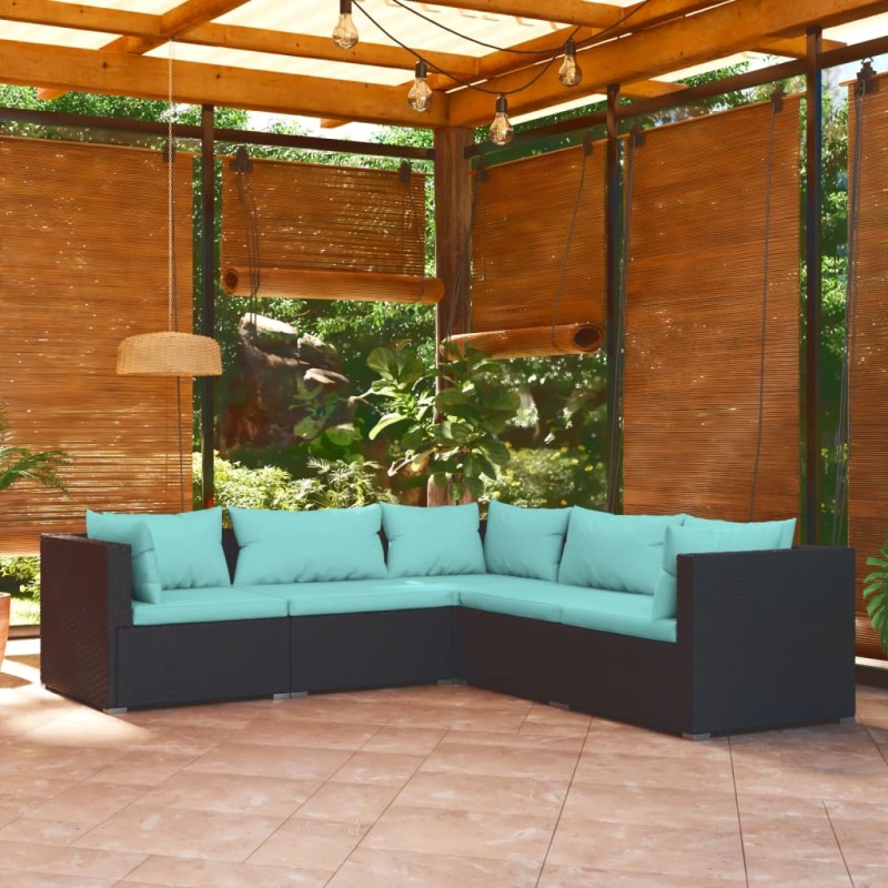 5-tlg. Garten-Lounge-Set mit Kissen Poly Rattan Schwarz