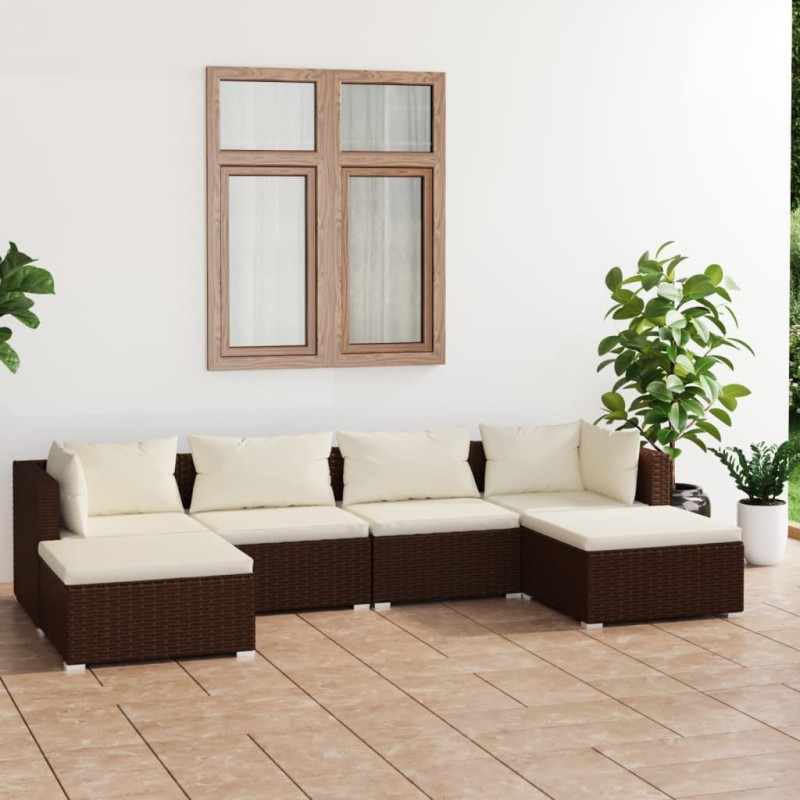 6-tlg. Garten-Lounge-Set mit Kissen Poly Rattan Braun