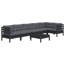 7-tlg. Garten-Lounge-Set mit Kissen Schwarz Kiefernholz