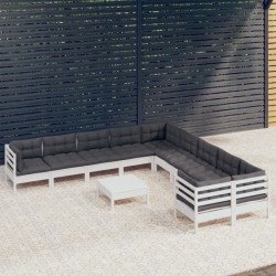 11-tlg. Garten-Lounge-Set mit Kissen Weiß Kiefernholz