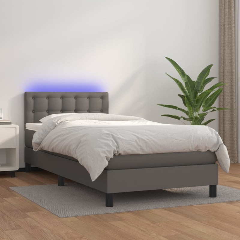 Boxspringbett mit Matratze & LED Grau 90x190 cm Kunstleder