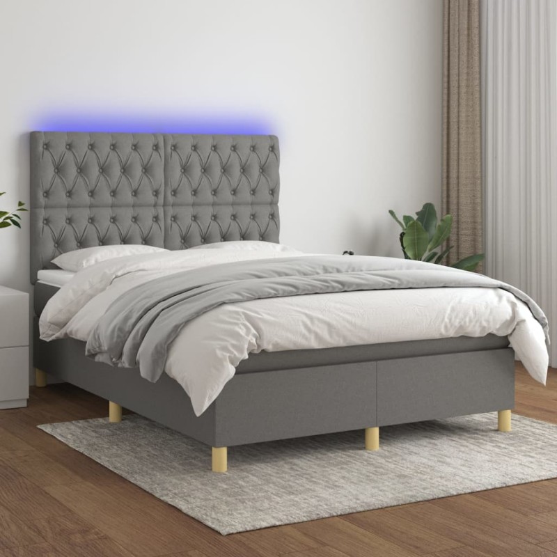 Boxspringbett mit Matratze & LED Dunkelgrau 140x200 cm Stoff