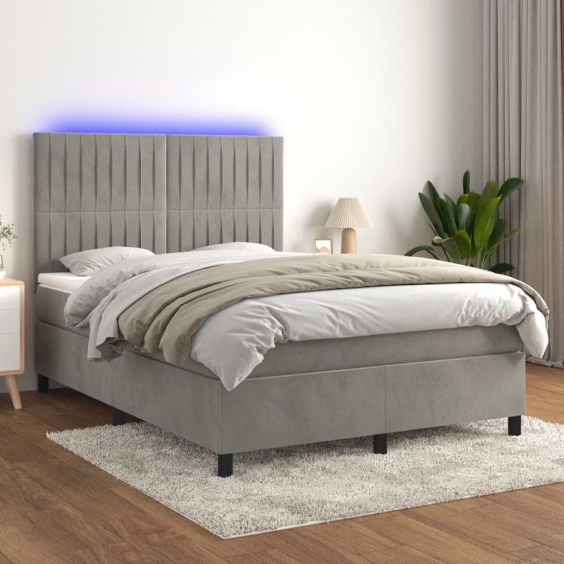 Boxspringbett mit Matratze & LED Hellgrau 140x190 cm Samt