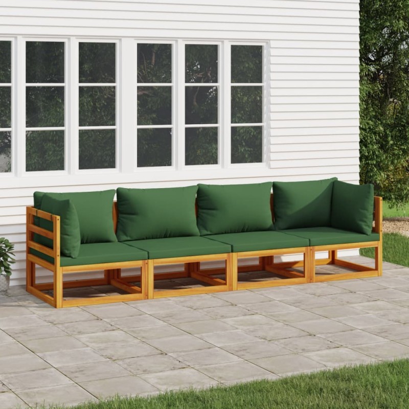 4-tlg. Garten-Lounge-Set mit Grünen Kissen Massivholz