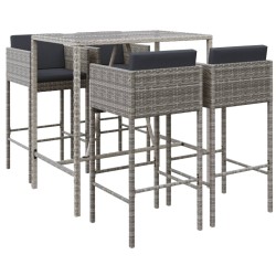 5-tlg. Gartenbar-Set mit Kissen Grau Poly Rattan