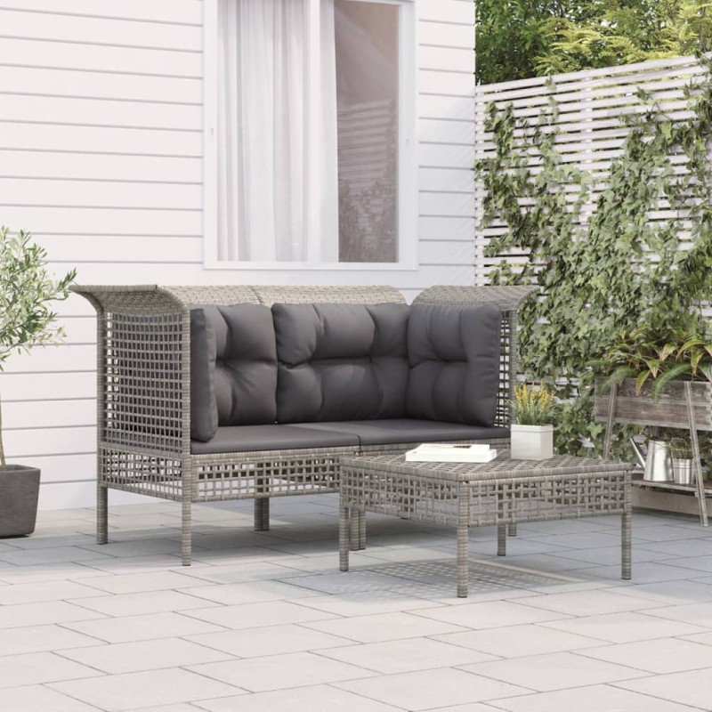 3-tlg. Garten-Lounge-Set mit Kissen Grau Poly Rattan