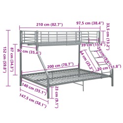 Etagenbettgestell Grau Metall 140x200 cm/90x200 cm