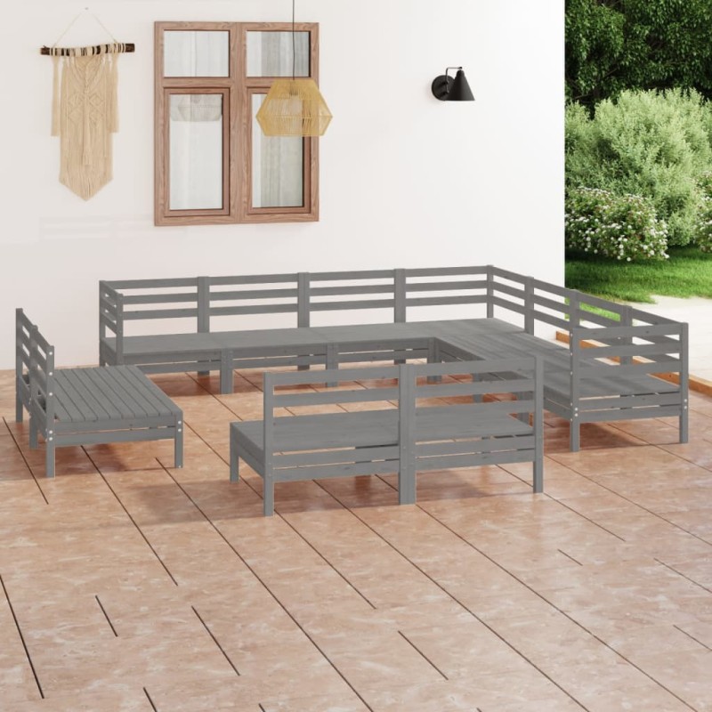 11-tlg. Garten-Lounge-Set Massivholz Kiefer Grau