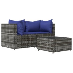 3-tlg. Garten-Lounge-Set mit Kissen Grau Poly Rattan