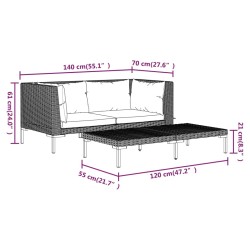 3-tlg. Garten-Lounge-Set Dunkelgrau Halbrundes Poly Rattan