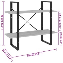 Bücherregal 2 Fächer Betongrau 80x30x70 cm Holzwerkstoff