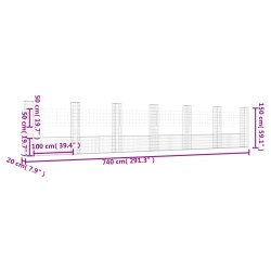 Gabionenkorb U-Form mit 7 Säulen Eisen 740x20x150 cm