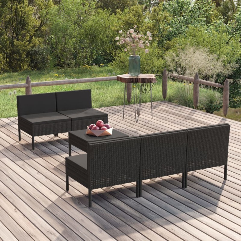 6-tlg. Garten-Lounge-Set mit Auflagen Poly Rattan Schwarz