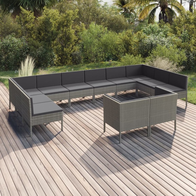 12-tlg. Garten-Lounge-Set mit Auflagen Poly Rattan Grau