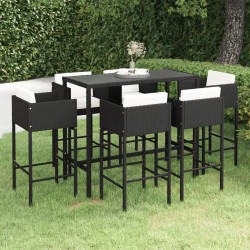 7-tlg. Gartenbar-Set mit Kissen Poly Rattan Schwarz