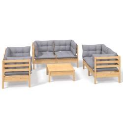 7-tlg. Garten-Lounge-Set mit Grauen Kissen Kiefer Massivholz