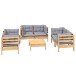 7-tlg. Garten-Lounge-Set mit Grauen Kissen Kiefer Massivholz