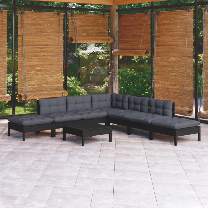 8-tlg. Garten-Lounge-Set mit Kissen Schwarz Kiefernholz