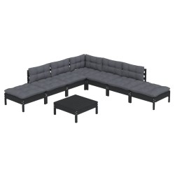 8-tlg. Garten-Lounge-Set mit Kissen Schwarz Kiefernholz