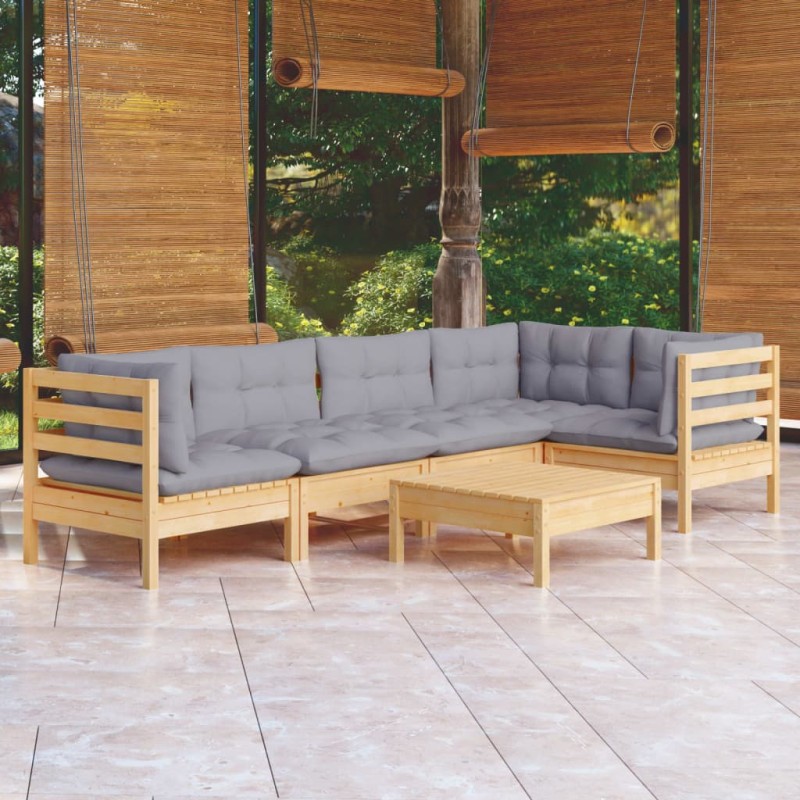 6-tlg. Garten-Lounge-Set mit Grauen Kissen Kiefernholz