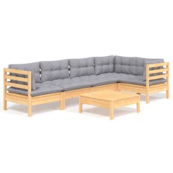 6-tlg. Garten-Lounge-Set mit Grauen Kissen Kiefernholz