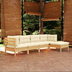 5-tlg. Garten-Lounge-Set mit Creme Kissen Kiefernholz