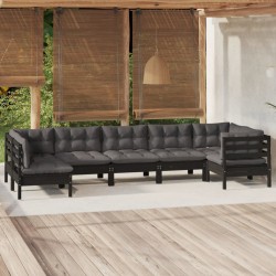 7-tlg. Garten-Lounge-Set mit Kissen Schwarz Kiefernholz