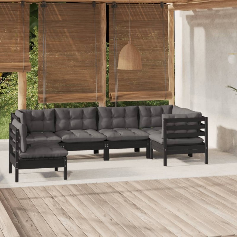 6-tlg. Garten-Lounge-Set mit Kissen Schwarz Kiefernholz